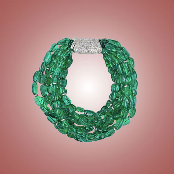 Multi Strand Emerald Bead and Diamond Bracelet