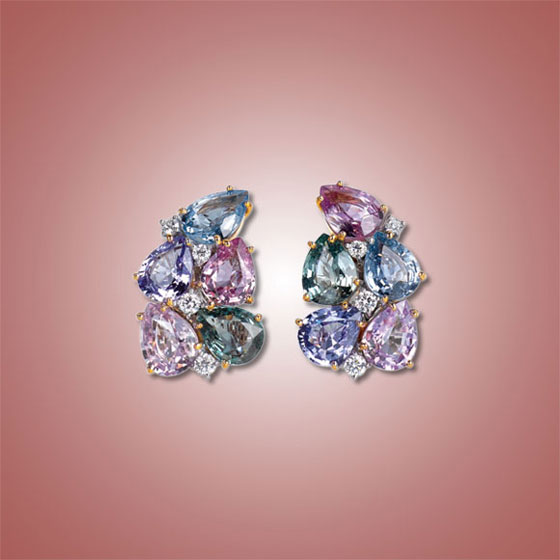 Multicolored Sapphire and Diamond Earclips